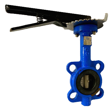 Blue cast iron wafer type butterfly valve with a black lever handle and stainless disc visible in the bore
