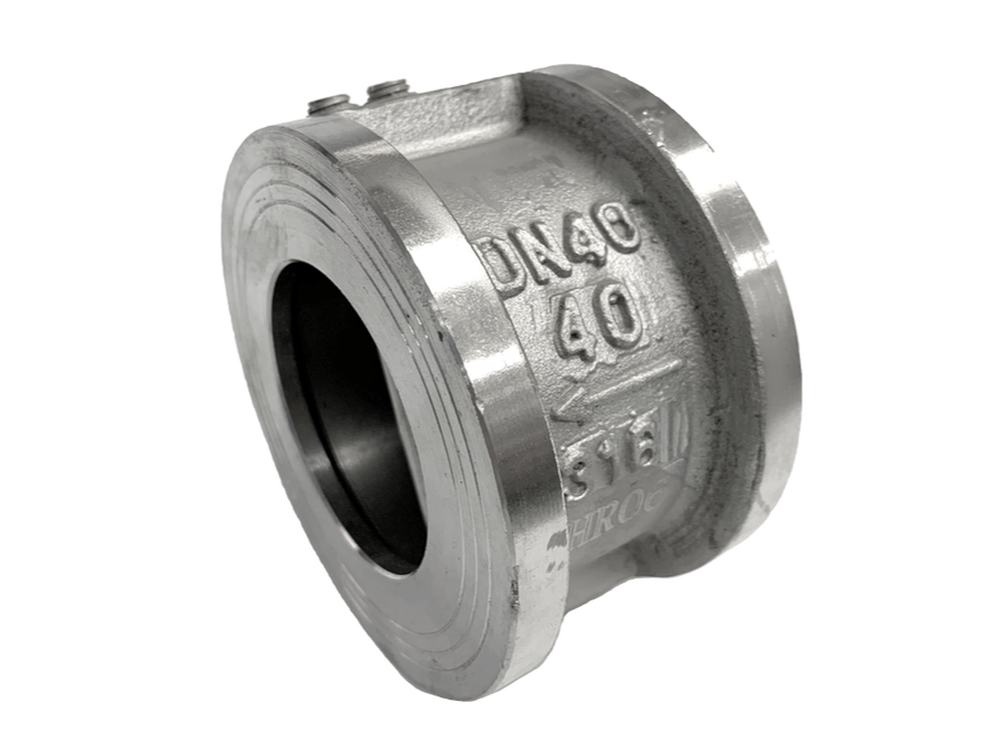 Dual plate wafer check valve showing the thin ring body with machined faces and no bolt holes