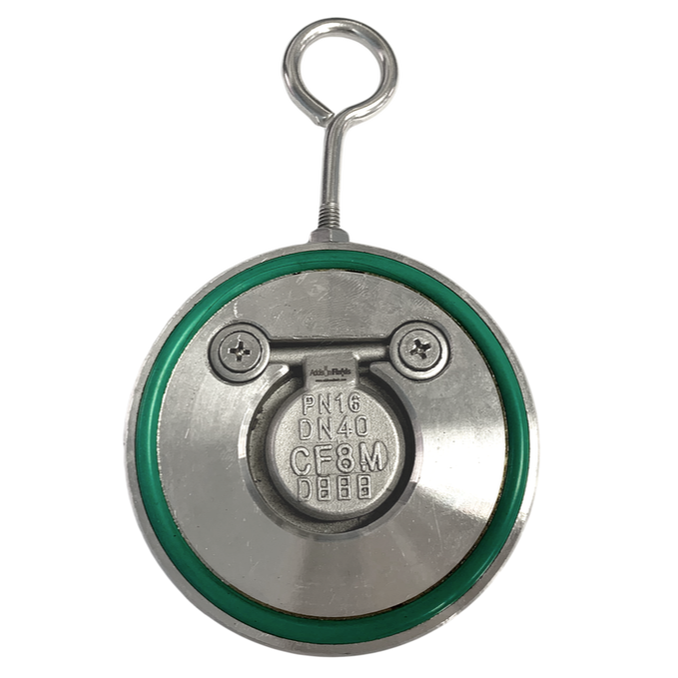 Single plate check valve viewed face on showing one disc cast PN16 DN40 CF8M, a green seal ring and an eye bolt at the top