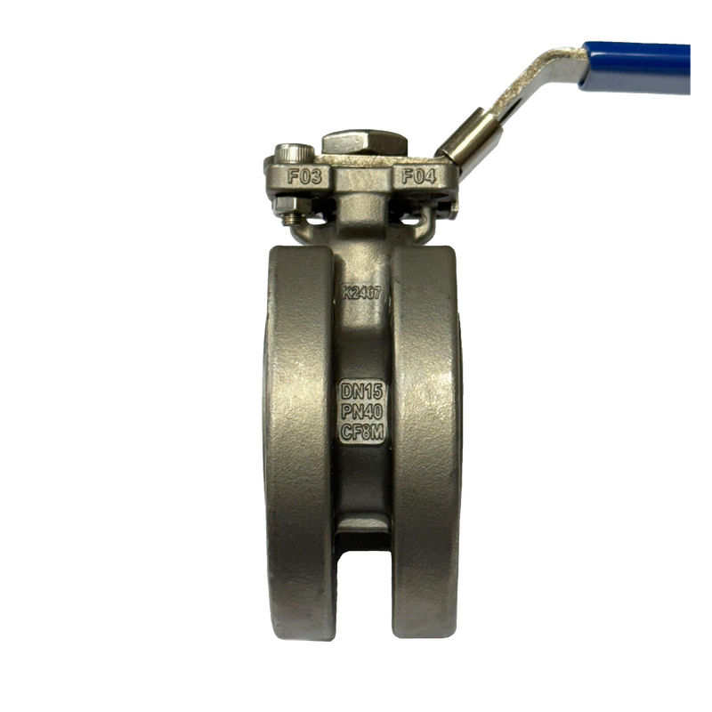 PN16 PN40 SS316 wafer type ball valve seen edge on, with F03 and F04 cast on the ISO 5211 top plate